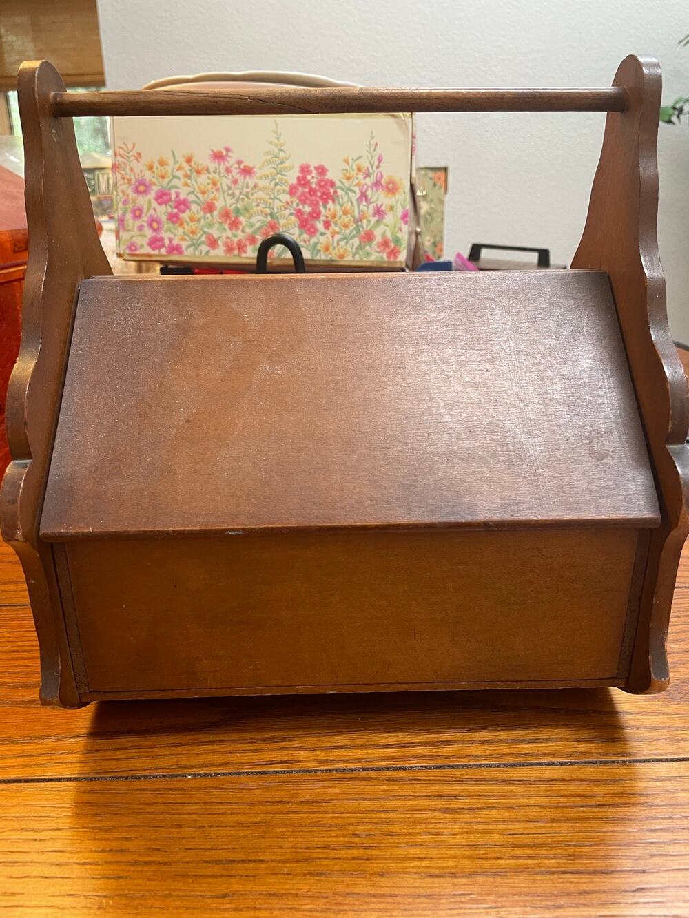 Vintage Wooden Sewing Box Magazine Rack Letter Holder Fold Down Lid Cottage